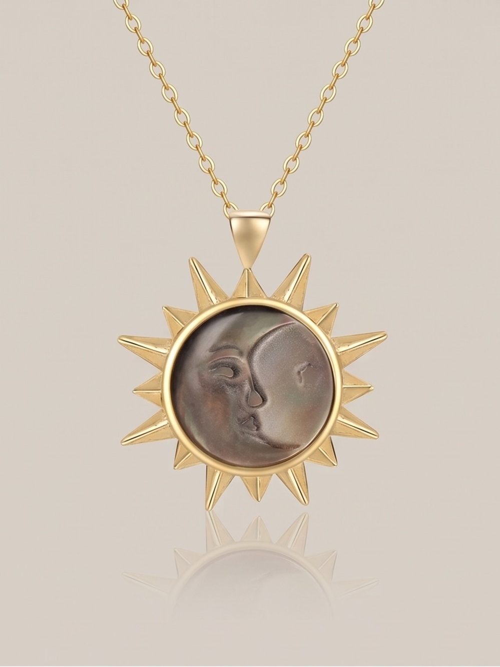 Gold Sun & Moon Pendant Necklace with Iridescent Black Shell Center
